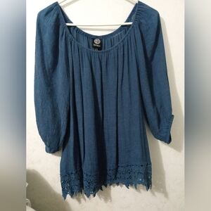 Bobeau Blue Gauze Peasant Blouse XL Crochet Lace Hem 3/4 Sleeve Boho Romantic